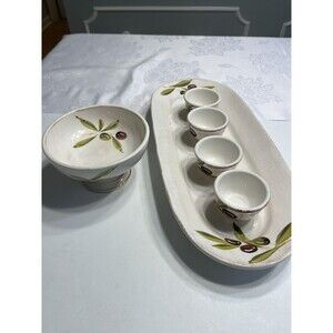 6pc Ceramiche Italy Dipping Set Olive Branch Oil Bowls & Tray